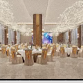 Elegant Banquet Hall Featuring White Branch Chandeliers Marble Flooring Beige Chairs And Gold Accents