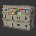 Three Story Building Model With Weathered Beige Exterior Dark Stains And Balconies Hanging Colored Clothes