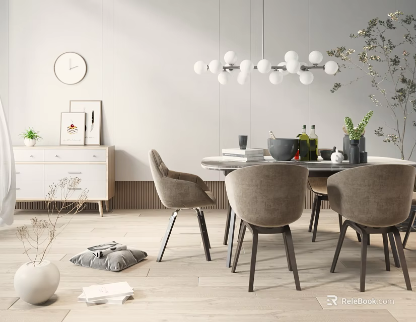 Modern Round Dining Table Set With Upholstered Chairs Pendant Light And Decorative Elements 3d model