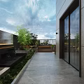 Modern Courtyard Garden Landscape With Bamboo Plants Wooden Flooring Stone Patio And Sofa