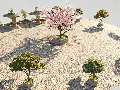 Circular Plaza Landscape With Cobblestone Ground Central Pink Flowering Tree And Surrounding Pavilions 3d model