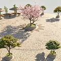 Circular Plaza Landscape With Cobblestone Ground Central Pink Flowering Tree And Surrounding Pavilions