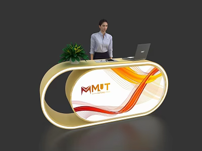 Modern Oval Reception Desk With Illuminated Edge Laptop Green Plant And MMUT Logo 3d model