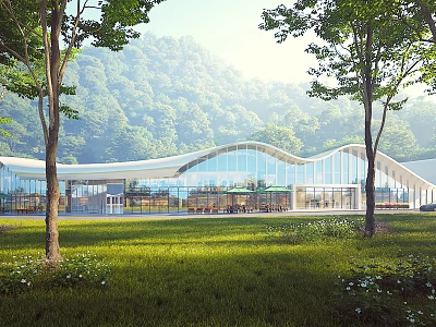 Modern Sales Office Building With Curved Glass Wall Green Lawn And Trees Near Distant Mountains 3d model