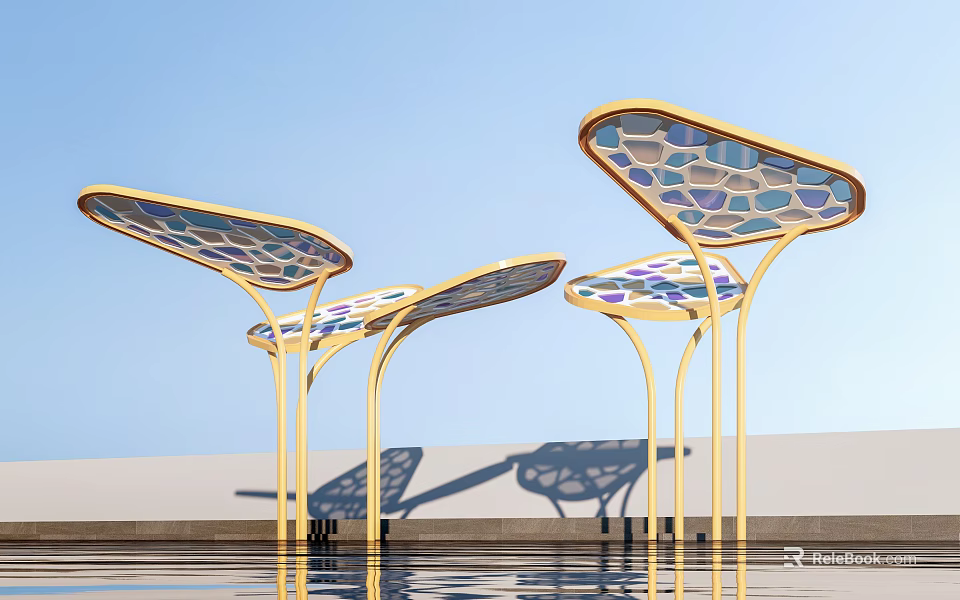 Modern Pergola With Golden Frames Colorful Mosaic Canopy And Water Reflection 3d model 