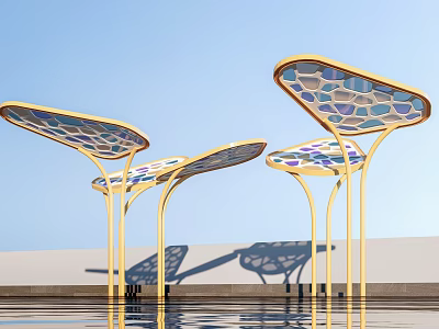 Modern Pergola With Golden Frames Colorful Mosaic Canopy And Water Reflection 3d model