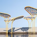 Modern Pergola With Golden Frames Colorful Mosaic Canopy And Water Reflection