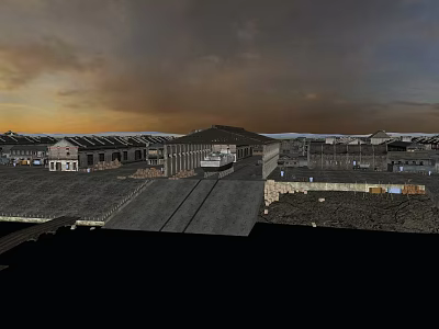 Ancient Architecture Complex With Traditional Roofs Courtyard And Stone Paved Ground At Sunset 3d model