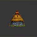 Cute Thatched Hut Exterior With Straw Roof Red Birds Stone Walls And Green Grass