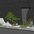 Garden Ornament Design Featuring Rockery Waterfall Bonsai Tree and Green Plants