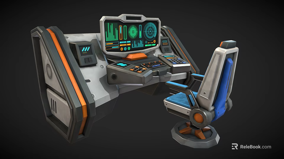 Sci Fi Control Console With Green Digital Screens And Blue Accent Chair 3d model
