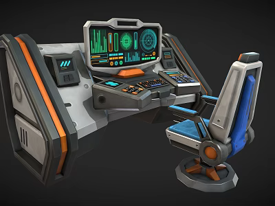 Sci Fi Control Console With Green Digital Screens And Blue Accent Chair 3d model