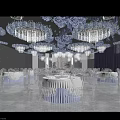 Elegant Banquet Hall Interior with Purple Floral Decorations Hanging Chandeliers White Tables and Chairs