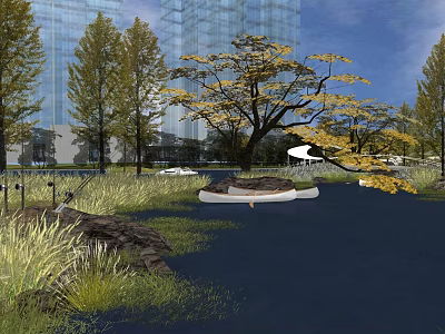 Waterfront Landscape with Modern High Rise Buildings Trees Yellow Leaves Grass and Rocks 3d model