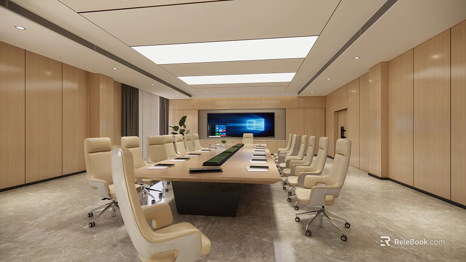 Modern Conference Room Interior With Wooden Walls Large Table Beige Chairs And Screen 3d model 