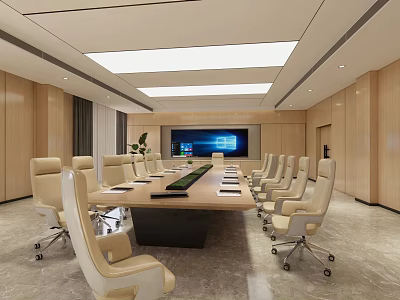 Modern Conference Room Interior With Wooden Walls Large Table Beige Chairs And Screen 3d model