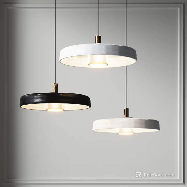 Modern Black And White Circular Pendant Lights With Metallic Accents In Illuminated Indoor Space 3d model 