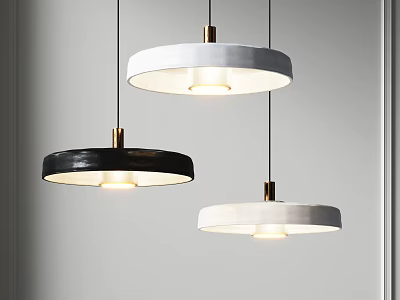 Modern Black And White Circular Pendant Lights With Metallic Accents In Illuminated Indoor Space 3d model