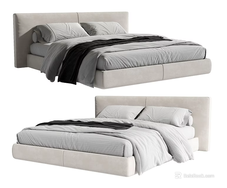 Modern Double Bed with Upholstered Headboard Soft Gray Bedding and Plush Pillows 3d model 