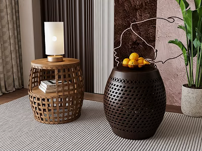 Natural Wood and Dark Brown Side Tables with Perforated Design Lamp Books and Fruit Basket 3d model