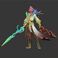 Fantasy Character And Mythical Creature Design With Colorful Hair Ornate Outfit And Dual Weapons