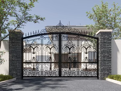 Wrought Iron Gate With Intricate Floral Designs Stone Pillars And Flanking Trees For Residential Entrance 3d model