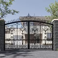 Wrought Iron Gate With Intricate Floral Designs Stone Pillars And Flanking Trees For Residential Entrance