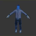 Man In Purple Hoodie Black Pants Yellow Gloves White Blue Shoes Standing On Gray Background