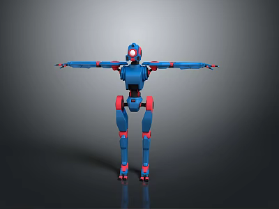 Blue Red Robot 3D Model Standing With Open Arms On Reflective Surface 3d model