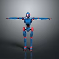 Blue Red Robot 3D Model Standing With Open Arms On Reflective Surface