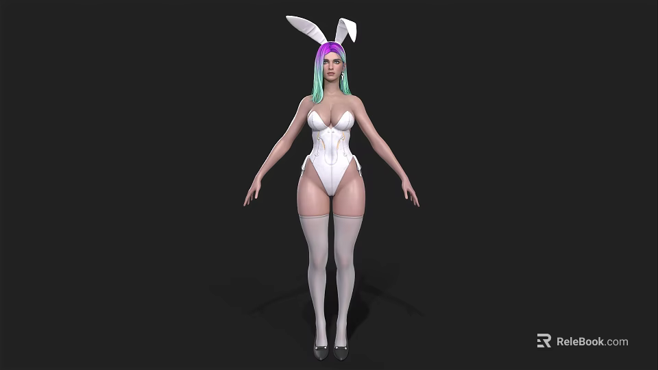 Woman With Bunny Ears And Colorful Hair In White Bodysuit Stockings And High Heels 3d model 