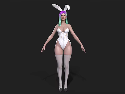 Woman With Bunny Ears And Colorful Hair In White Bodysuit Stockings And High Heels 3d model