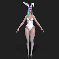Woman With Bunny Ears And Colorful Hair In White Bodysuit Stockings And High Heels