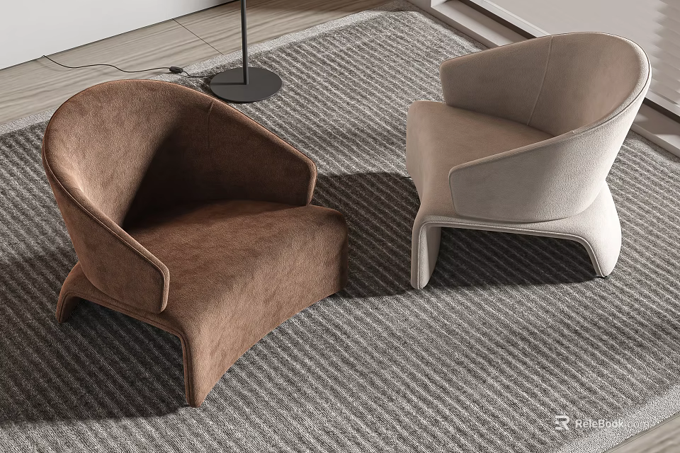 Modern Brown and Beige Armchairs on Gray Carpet in Contemporary Living Room 3d model 