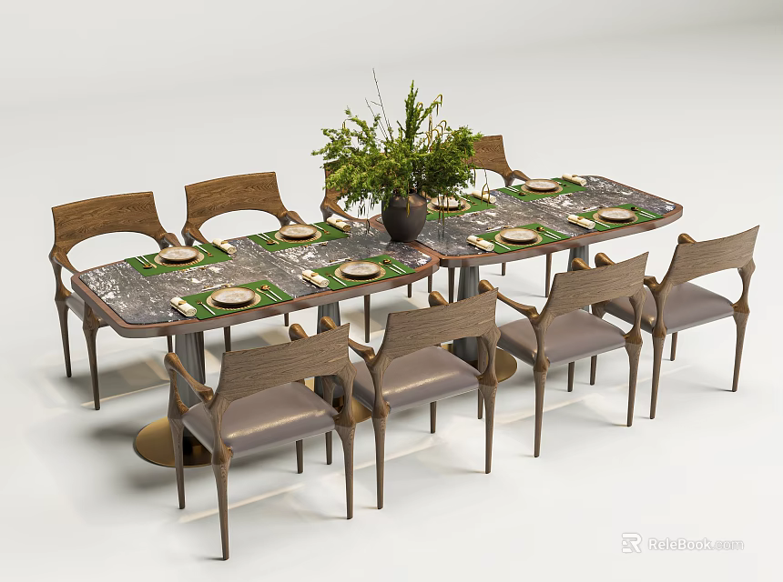 Modern Dining Table Set with Wooden Chairs Tableware and Green Plant Centerpiece 3d model 