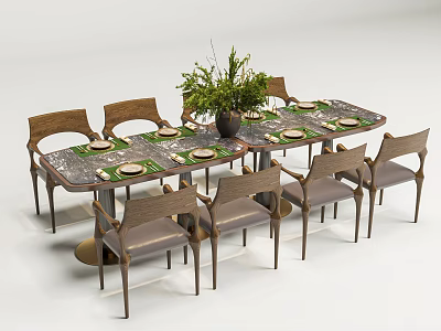 Modern Dining Table Set with Wooden Chairs Tableware and Green Plant Centerpiece 3d model