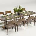 Modern Dining Table Set with Wooden Chairs Tableware and Green Plant Centerpiece