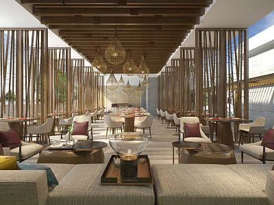 Elegant Restaurant Interior With Wooden Ceiling Hanging Pendant Lights And Dining Seating Areas 3d model