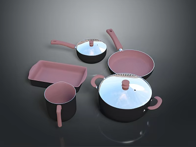 Practical Kitchen Cookware Set With Pink Handles Black Bodies And Transparent Lids 3d model