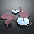 Practical Kitchen Cookware Set With Pink Handles Black Bodies And Transparent Lids