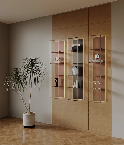 Modern Wall Mounted Decorative Cabinet With Glass Shelves Glassware Decor And Palm Plant 3d model