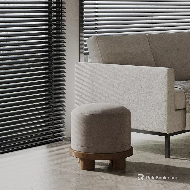 Modern Upholstered Round Side Table With Wooden Base By Sofa And Blinds 3d model 