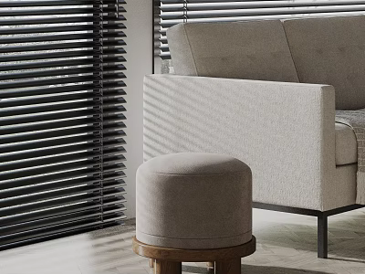 Modern Upholstered Round Side Table With Wooden Base By Sofa And Blinds 3d model