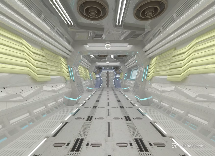 Futuristic Elevator Corridor Interior Design With White Floor Ceiling Lighting And Metallic Stripes 3d model 
