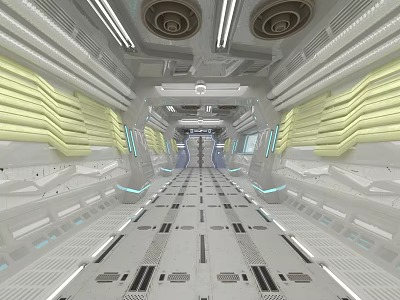Futuristic Elevator Corridor Interior Design With White Floor Ceiling Lighting And Metallic Stripes 3d model