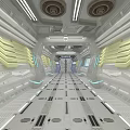 Futuristic Elevator Corridor Interior Design With White Floor Ceiling Lighting And Metallic Stripes 3d model