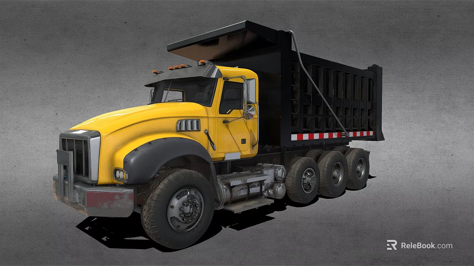 Yellow Heavy Duty Dump Truck With Black Bed And Large Wheels 3d model 