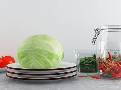 Fresh Green Cabbage Tomato Red Chili Peppers And Greens In Glass Jar On Plates 3d model