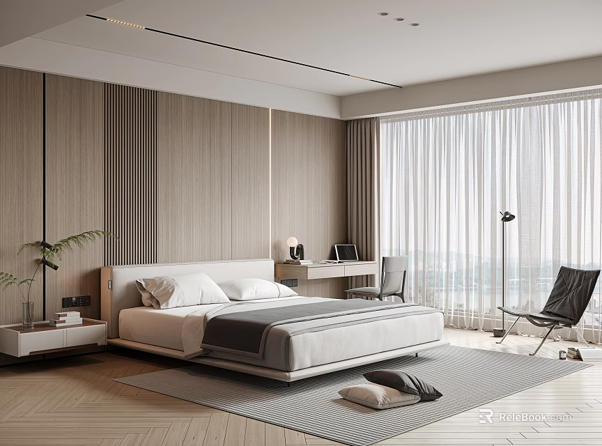 Modern Bedroom Interior With Wooden Panel Walls King Bed Desk Chair And Floor To Ceiling Windows 3d model 