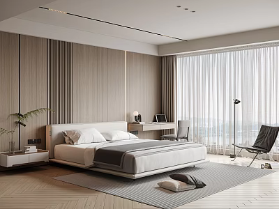 Modern Bedroom Interior With Wooden Panel Walls King Bed Desk Chair And Floor To Ceiling Windows 3d model
